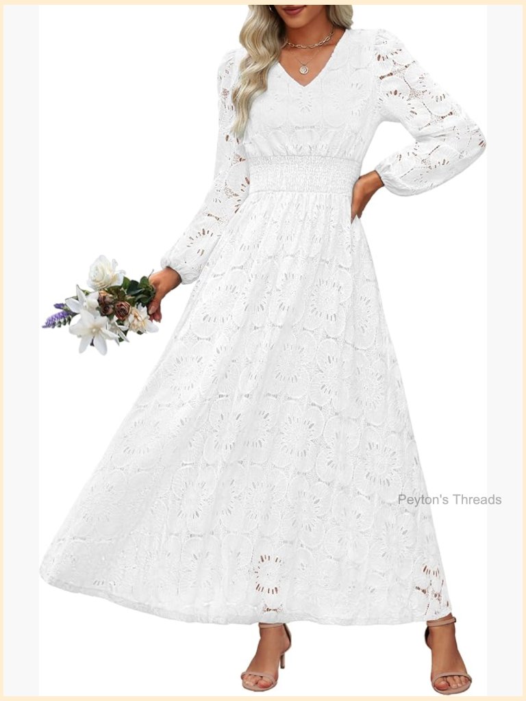 V-Neck Floral Embroidery Lace Eyelet Puff Sleeve Maxi Dress A-Line Boho